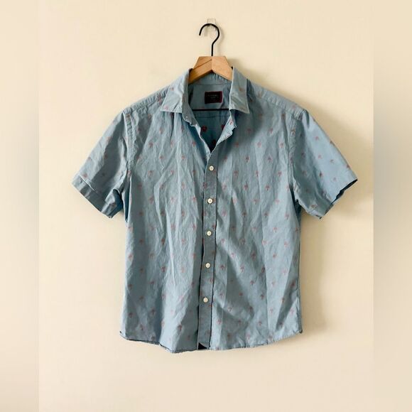 Untuckit Hamilton Slim Fit Short Sleeve Cotton Button Down in Blue Palm - Size M - Picture 1 of 5